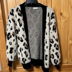 Storia Women's Fuzzy Leopard Cardigan - Black, White, and Brown